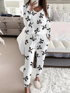 Women's Bow Print Casual Set, Fitted Long Sleeve V Neck Top & Tie Waist Pants, Ladies Homewear & Pajamas, Spring & Fall Fashion Loungewear