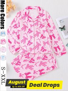 Women's Cute Bow Print Pajama Set, Long Sleeve Lapel Top & Elastic Pants, Comfortable Home Wear for Spring & Fall, Matching Nightwear