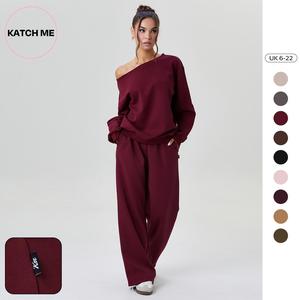 Katch Me Look Women's Leisure Solid Color Sloping Shoulder Long Sleeve Top & Wide Leg Trousers Co-ord, Cozy Scoop Neck Loose Two Piece Outfits, Basic Womenswear