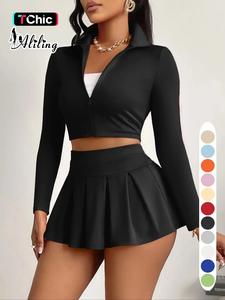 Aliling Casual Chic Women's Matching Two-Piece Set, Spring & Fall Long Sleeve Zipper Solid Crop Top, High Waist Short Pleated Skirt, Slim-Fitting Crop Top and Skirt