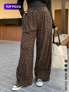 Women's Casual Leopard Print Elastic Waist Corduroy Loose Fit Pants, Comfortable and Stylish, Perfect for Daily Wear,All Season, Back To School Clothes Fall