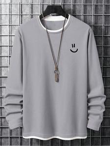 Men's 2 In 1 Cartoon Face Print Drop Shoulder Tee Without Necklace, Casual Regular Fit Long Sleeve Crew Neck T-Shirt for All Seasons, Men's Top for Daily Wear