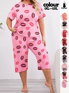 Plus Size Summer All Over Print Shortsleeve Tee & Wide Leg Capris Pants Pyjama Set, Casual pajama sets, Pyjamas for Women, Casual Soft Round Neck Short Sleeve T-shirt & Trousers Loungewear Set, Lady Pajamas, Womenswear