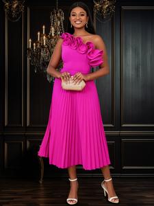 New Women's One-Shoulder Relaxed Fit Oversized Dress, Pleated Skirt with Ruffle Edges for a Slimming Look, Stylish Casual Wear for Every Occasion
