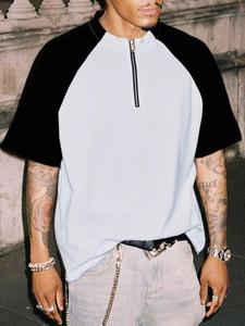 Men's Colorblock Patchwork Zipper Polo Shirt, Loose Casual Short Sleeve Collared Top for Summer, Fashion Men's Clothes for Daily Wear, Tropical