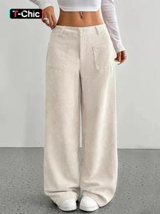 Women's High Waist Corduroy Wide Leg Pants, Casual Fall Winter Long Trousers with Pockets, Ladies Fashionable Relaxed Fit Bottoms