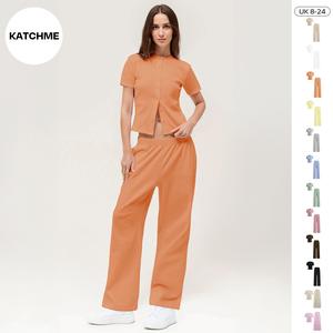 KatchMe Women's Minimalist Solid Color Button-Up Short Sleeve Slim Top & Plicated Wide Leg Trousers Co-ord, Basic Two Piece Outfits, Comfortable Womenswear
