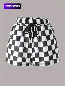 Women's Checkerboard Print Drawstring Waist Shorts, Casual Pocket Shorts for Summer, Women's Bottoms for Daily Wear, Back to School
