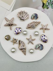 16pcs Abs Resin Nautical Style Sea Shell Starfish Shoe Charms, Shoe Charm Set, Rhinestone Conch Shoes Buckles Decorations Artificial Bead Shell Shoe Accessories Diy Shoe Clips Women Sandals Decor Footwear Birthday Party Gifts, Shoes Not Included