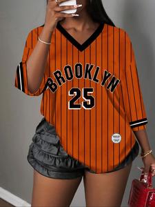 Women's Y2K Casual Simple Letter Brooklyn Graphic Print T-Shirt, Breathable Mesh Sports Ball Jersey, Streetwear Daily Wear Top, Athletic Tops