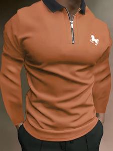 Men's Horse Print Half Zip Up Polo Shirt, Casual Regular Fit Long Sleeve Zip Front Top for All Seasons, Men's Clothes for Daily Business Work Office Wear