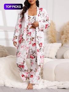 【Plus Size】 Three-Piece Set Floral Print Belted Lounge Robe & Cami Top & Elastic Waist Pants Pyjama Set, Elegant Comfy Drop Shoulder Long Sleeve Robe & Sleeveless Top & Bow Decor Trousers PJ Set, Women's Sleepwear for Spring & Fall