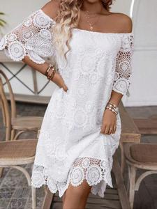 Women's Plain Floral Lace Off Shoulder Fitted Dress, Elegant Sheer Hollow Out Dress for Party Holiday Wedding Guest, Chic Ladies Gown Clothes for All Seasons, Formal Dresses Women, Womenswear, Chic Gown, Western Wedding Dress