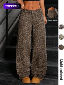 women's leopard print wide leg pants, elastic waistband, casual loose fit, all season woven fabric, side pockets design