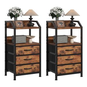 Glowlite Bedside table set of 2,Sofa Side Table with 3 Fabric Drawers and 2 Open Shelves, Wood and Metal End Table for Living Room, Bedroom, Small Space, Modern Nightstand or Bedside Organizer