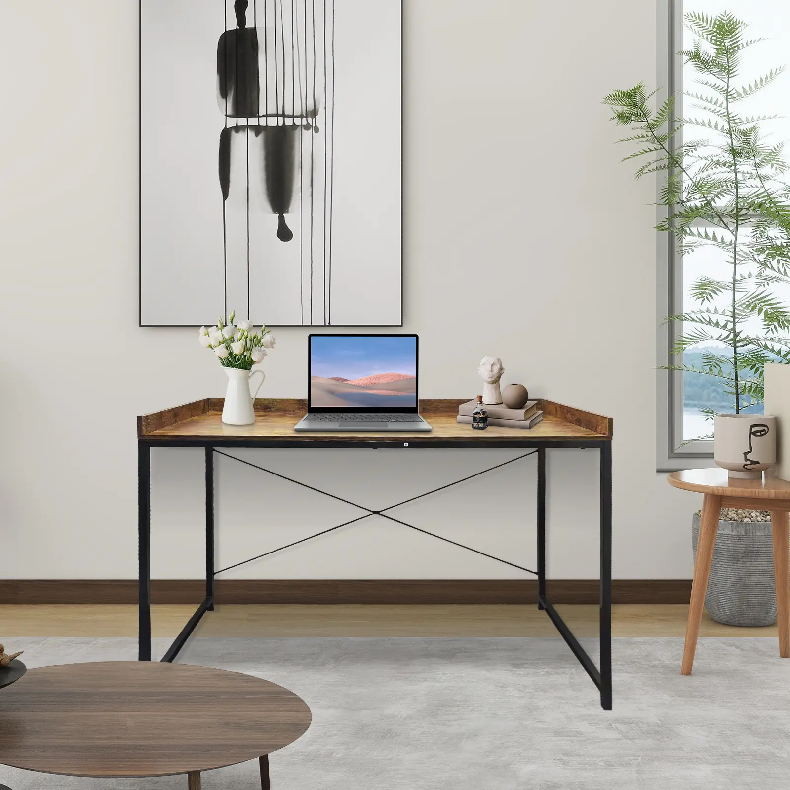 Zumalife Wood and Metal Frame Computer Desk, 110cm， Fashion and Convenient, Waterproof, Anti-dropping Design, Line Organization, Rustic Brown and Black