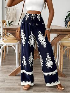 【Plus Size】Floral Print Pants, Boho Casual Comfy Wide Leg Trousers for Daily Holiday Vacation Wear, Women's Bottoms for Summer