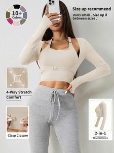Women's Solid Halter Crop Tank Top & Thumb Hole Long Sleeve Sports Tee Set, Sleeveless Top & Buckle Front Tight Sleeve Sports Top Set, Workout Gym Yoga Exercise Clothing Set for Women
