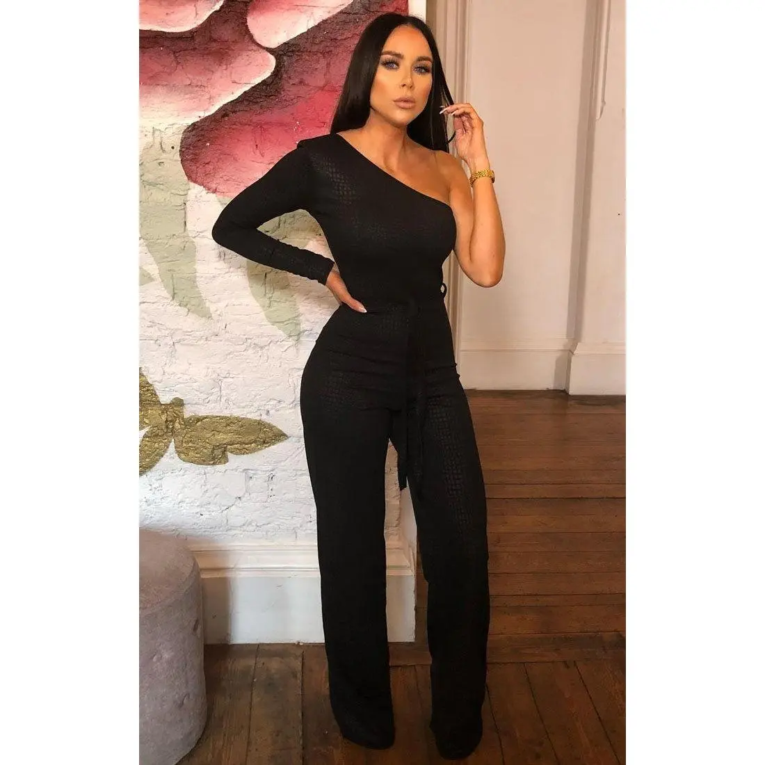 Black Croc Belted One Shoulder Jumpsuit - Evelyn