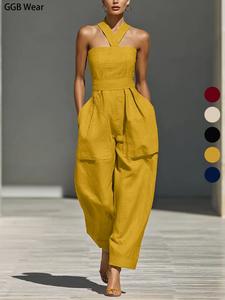 Women's Mustard Blended Jumpsuit, Cross Neck Design, Loose Fit, Casual Style, Spring Summer New Arrival, Plain Surface, Unlined