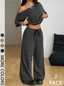 Women's Asymmetrical Neck Relaxed-Fit Pocketed Striped Knit Top+Wide Leg Pants Set, Ideal for Casual Meetups/Weekend Lounging/Travel Days, Casual Lounge Set, Two Pieces Outfits, Casual Matching Set