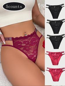 5 Pack Women's Sexy Lace Trim Breathable High Waist Panties, Stylish Crystal Letter Design, Comfortable Fit for Everyday Wear
