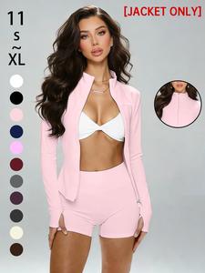Women's Plain Zipper Yoga Jacket, Slim-Fit Sporty Jacket with V-Neck and Long Sleeves, Spring Sports Jacket, Spring Summer Retro Gym Wear, Comfortable Home Fitness Top