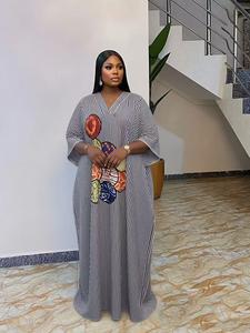 Women's Fashion Dress, Striped Print V-Neck, Plus Size, Casual Daily Wear, Ethnic Boubou Kaftan, Summer Comfort, Party Beach Vacation