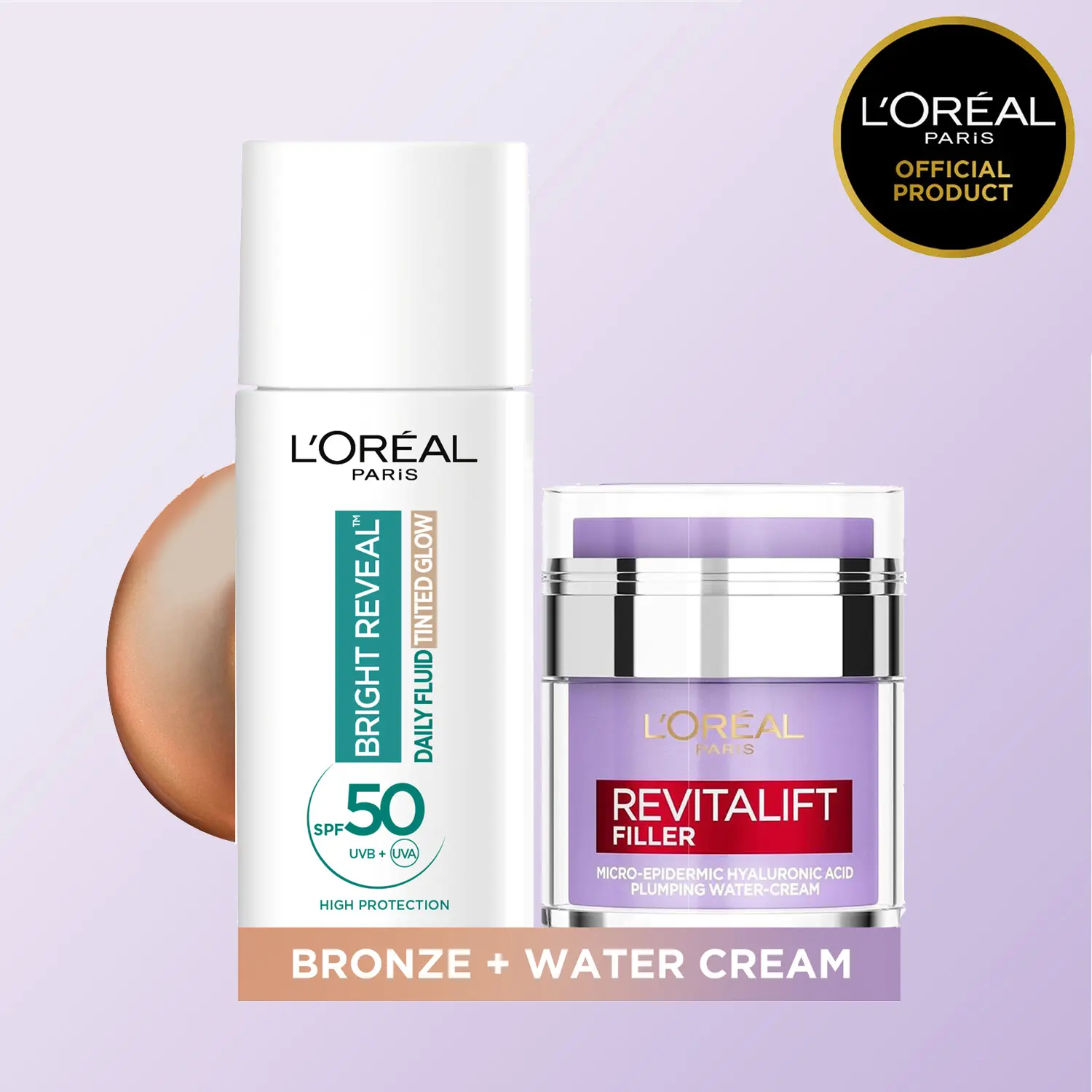 L'Oréal Paris Skincare Bright Reveal Daily Fluid Tinted Glow SPF 50+, Bronze or Pearl 50ml with Revitalift Filler Hydrating Water Cream