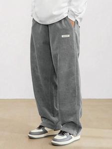 Men's Letter Print Drawstring Waist Corduroy Pants, Loose Casual Comfy Straight Leg Trousers for Daily Wear, Men's Bottoms for Fall & Winter