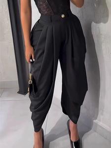 Aliling Women's Casual High-Waisted Wide-Leg Long Pants, Plain Fitted Design Elastic Waist All-Season Wear, Stylish Loose Fit Pocketed Bottoms, Casual Comfy Trouser