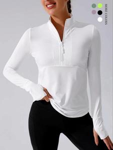 Daily& Casual Half-zip Thumb Hole Sportswear Sweatshirt, Soft Polyester Top, All Season Activewear, Solid Color Sportswear, Gym Clothes, Athletic Training Apparel, Fitness Running Tops, Minimalistic Activewear