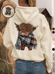 Cozy Fleece-Lined Hooded Sweatshirt, Cute Highland Cow Animal Design, Unisex Winter Fashion with Warm Plush Interior for Cold Weather