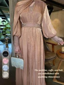 #CL04 4-piece set of shiny mesh chiffon robes with scarf, cardigan  robe , inner dress , hijab, elegant loose drape puff sleeve long dress, sleeveless lining breathable cool and comfortable, fine diamonds sparkle in summer