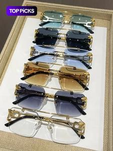Cool Men's Metal Rimless Sunglasses, Trendy Casual Tinted Lens Frames Sunglasses for Everyday Use, Fashion Eyeglass Accessories for Outdoor Activities, Rimless Shades