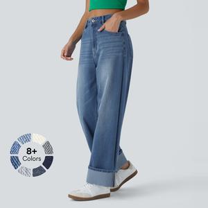 Halara Flex Women's High-Waisted Washed Knit Wide-Leg Jeans with Rolled Hem & Multiple Pockets – Stretchy Comfortable Denim #giftideas #tiktokmademebuyit