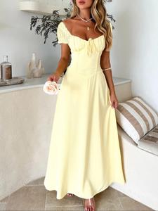 Women's Plain Lace Up Puff Sleeve A Line Dress, Elegant Sweetheart Neck Short Sleeve Long Dress for Party Holiday Wedding Guest, Ladies Spring & Fall Clothes