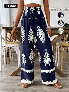 Women's Ethnic Pattern Shirred Tie Front Wide Leg Pants, Boho High Waist Trousers, Casual Bohemian Trousers for Daily Holiday Vacation Wear, Ladies Bottoms for All Seasons