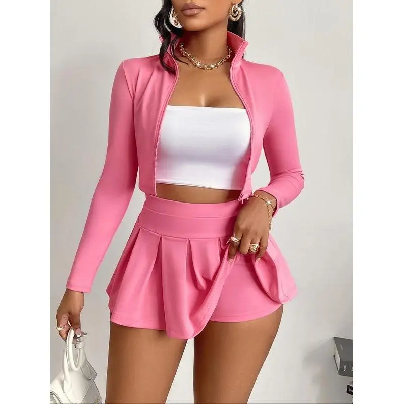 Women's Solid Zip Up Crop Jacket & High Waist Skirt Two-piece Set, Casual Fashion Cozy Two Piece Outfits for Daily Outdoor Wear, Women Clothes for Spring Fall