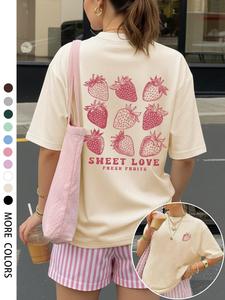 Women's Casual Loose-Fit Round Neck T-Shirt, Strawberry Pattern Print, Breathable Soft Fabric, Comfortable Summer Top for Leisure and Beach Holidays