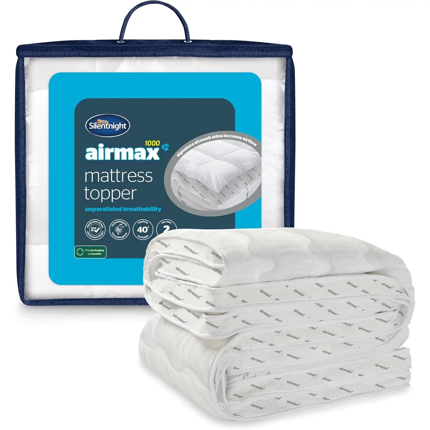 Silentnight Airmax 1000 King Mattress Topper - Extra Thick Deep Fitted Mattress Enhancer with 10cm Thick Cushioning, Mesh Sides to Increase Airflow and Elasticated Straps - King - 200x150cm