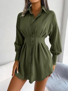 Women's Solid Curved Hem Ruched Button Front Shirt Dress, Casual Drop Shoulder Long Sleeve Short Dress for Spring & Fall, Women's Elegance Clothes, Casual Wear