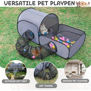 Portable outdoor cat playpen, portable cat playpen with tunnel, portable pet play tent with storage bag, can be used indoors or outdoors. Its breathable and soft side panels make it suitable for small pets and ideal for cats and other pets.