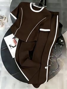 Women's Casual Two-Piece Set, Slim Fit Colorblock Round Neck T-Shirt and Wide Leg Pants, Spring Summer, Elegant Daily Wear
