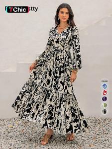 Women's Floral Print Ruffle Hem Tie Neck A Line Dress, Boho Bishop Sleeve Long Dress for Spring & Fall, Women's Clothing for Daily Wear