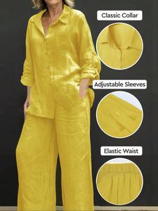 Women's Solid Color Shirt & Wide Leg Pants Set, Casual Fashion Cozy Breathable Basic Two-piece Outfits for Daily Outdoor Wear, Women Clothes for Spring Fall, Womenswear, Lady Summer Clothing Set