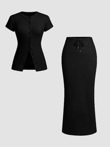 Women's Solid Button Front Top & Skirt, Casual Short Sleeve Top & Skirt Set, All Seasons Fitted Style, Moderate Fabric Thickness, Womenswear