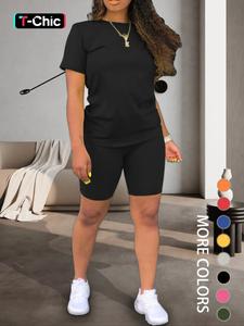 Two-piece Women's Fitted Plain Round Neck Tee & Skinny Shorts Set, Casual Basic Minimalist Summer Clothes for Women, Short Sleeve Crew Neck T-shirt & Shorts, Summer Outfit for Outdoor