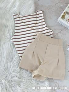 Women's Fashion Korean Style Gentle Striped Round Neck Sleeveless Vest Set, High Waist Short Pants, Casual Everyday Summer