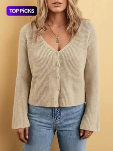Women's Plain Cardigan, Casual Long Sleeve V Neck Cardigan for Summer, Lady Chic Fashion Minimalist Women's Knitwear for Daily Wear, Elegant Classy Tops, Going - Out Tops, Womenswear, Vneck Sweater Knitwear
